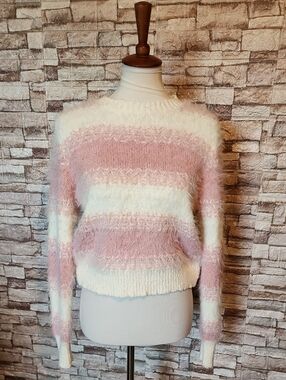 Absolutely Fuzzy Striped Crewneck Sweater - Pink & Cream
